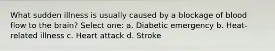 What sudden illness is usually caused by a blockage of blood flow to the brain? Select one: a. Diabetic emergency b. Heat-related illness c. Heart attack d. Stroke