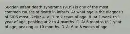 Sudden infant death syndrome (SIDS) is one of the most common causes of death in infants. At what age is the diagnosis of SIDS most likely? A. At 1 to 2 years of age. B. At 1 week to 1 year of age, peaking at 2 to 4 months. C. At 6 months to 1 year of age, peaking at 10 months. D. At 6 to 8 weeks of age.