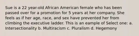 Sue is a 22 year-old African American female who has been passed over for a promotion for 5 years at her company. She feels as if her age, race, and sex have prevented her from climbing the executive ladder. This is an eample of Select one: a. Intersectionality b. Multiracism c. Pluralism d. Hegemony