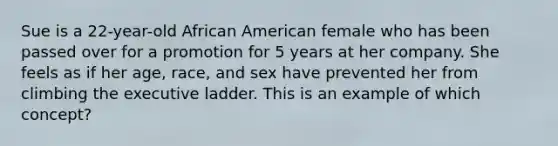 Sue is a 22-year-old African American female who has been passed over for a promotion for 5 years at her company. She feels as if her age, race, and sex have prevented her from climbing the executive ladder. This is an example of which concept?