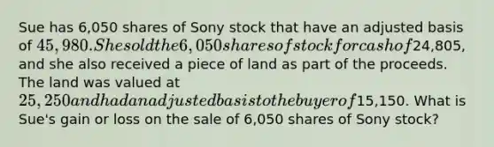 Sue has 6,050 shares of Sony stock that have an adjusted basis of 45,980. She sold the 6,050 shares of stock for cash of24,805, and she also received a piece of land as part of the proceeds. The land was valued at 25,250 and had an adjusted basis to the buyer of15,150. What is Sue's gain or loss on the sale of 6,050 shares of Sony stock?