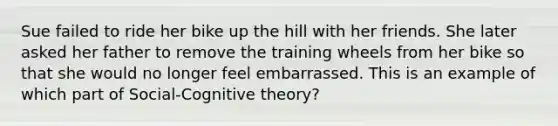 Sue failed to ride her bike up the hill with her friends. She later asked her father to remove the training wheels from her bike so that she would no longer feel embarrassed. This is an example of which part of Social-Cognitive theory?