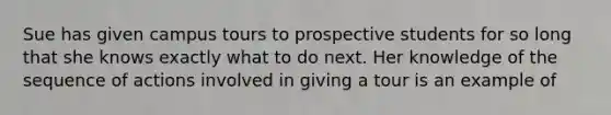 Sue has given campus tours to prospective students for so long that she knows exactly what to do next. Her knowledge of the sequence of actions involved in giving a tour is an example of