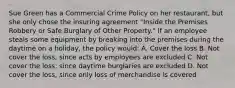 Sue Green has a Commercial Crime Policy on her restaurant, but she only chose the insuring agreement "Inside the Premises Robbery or Safe Burglary of Other Property." If an employee steals some equipment by breaking into the premises during the daytime on a holiday, the policy would: A. Cover the loss B. Not cover the loss, since acts by employees are excluded C. Not cover the loss, since daytime burglaries are excluded D. Not cover the loss, since only loss of merchandise is covered