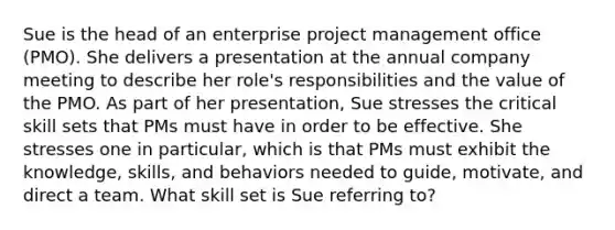 Sue is the head of an enterprise project management office (PMO). She delivers a presentation at the annual company meeting to describe her role's responsibilities and the value of the PMO. As part of her presentation, Sue stresses the critical skill sets that PMs must have in order to be effective. She stresses one in particular, which is that PMs must exhibit the knowledge, skills, and behaviors needed to guide, motivate, and direct a team. What skill set is Sue referring to?