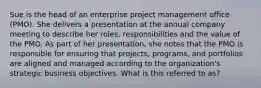 Sue is the head of an enterprise project management office (PMO). She delivers a presentation at the annual company meeting to describe her roles, responsibilities and the value of the PMO. As part of her presentation, she notes that the PMO is responsible for ensuring that projects, programs, and portfolios are aligned and managed according to the organization's strategic business objectives. What is this referred to as?