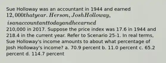 Sue Holloway was an accountant in 1944 and earned 12,000 that year. Her son, Josh Holloway, is an accountant today and he earned210,000 in 2017. Suppose the price index was 17.6 in 1944 and 218.4 in the current year. Refer to Scenario 25-1. In real terms, Sue Holloway's income amounts to about what percentage of Josh Holloway's income? a. 70.9 percent b. 11.0 percent c. 65.2 percent d. 114.7 percent