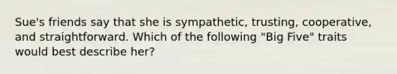 Sue's friends say that she is sympathetic, trusting, cooperative, and straightforward. Which of the following "Big Five" traits would best describe her?