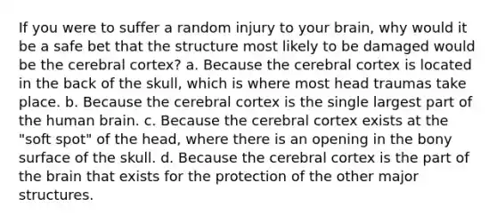 If you were to suffer a random injury to your brain, why would it be a safe bet that the structure most likely to be damaged would be the cerebral cortex? a. Because the cerebral cortex is located in the back of the skull, which is where most head traumas take place. b. Because the cerebral cortex is the single largest part of the human brain. c. Because the cerebral cortex exists at the "soft spot" of the head, where there is an opening in the bony surface of the skull. d. Because the cerebral cortex is the part of <a href='https://www.questionai.com/knowledge/kLMtJeqKp6-the-brain' class='anchor-knowledge'>the brain</a> that exists for the protection of the other major structures.