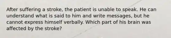 After suffering a stroke, the patient is unable to speak. He can understand what is said to him and write messages, but he cannot express himself verbally. Which part of his brain was affected by the stroke?