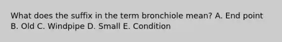 What does the suffix in the term bronchiole mean? A. End point B. Old C. Windpipe D. Small E. Condition