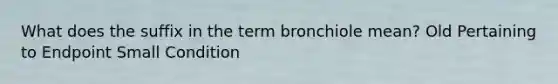 What does the suffix in the term bronchiole mean? Old Pertaining to Endpoint Small Condition