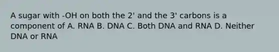 A sugar with -OH on both the 2' and the 3' carbons is a component of A. RNA B. DNA C. Both DNA and RNA D. Neither DNA or RNA