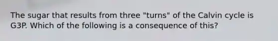 The sugar that results from three "turns" of the Calvin cycle is G3P. Which of the following is a consequence of this?