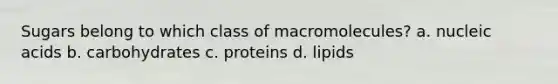 Sugars belong to which class of macromolecules? a. nucleic acids b. carbohydrates c. proteins d. lipids