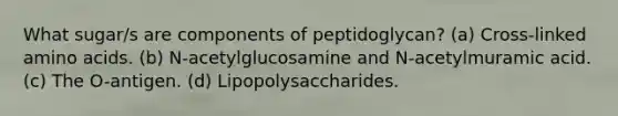 What sugar/s are components of peptidoglycan? (a) Cross-linked amino acids. (b) N-acetylglucosamine and N-acetylmuramic acid. (c) The O-antigen. (d) Lipopolysaccharides.