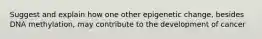 Suggest and explain how one other epigenetic change, besides DNA methylation, may contribute to the development of cancer