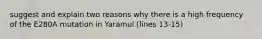 suggest and explain two reasons why there is a high frequency of the E280A mutation in Yaramul (lines 13-15)