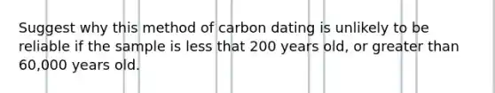 Suggest why this method of carbon dating is unlikely to be reliable if the sample is less that 200 years old, or greater than 60,000 years old.