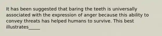 It has been suggested that baring the teeth is universally associated with the expression of anger because this ability to convey threats has helped humans to survive. This best illustrates_____