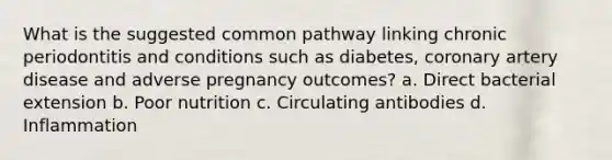 What is the suggested common pathway linking chronic periodontitis and conditions such as diabetes, coronary artery disease and adverse pregnancy outcomes? a. Direct bacterial extension b. Poor nutrition c. Circulating antibodies d. Inflammation