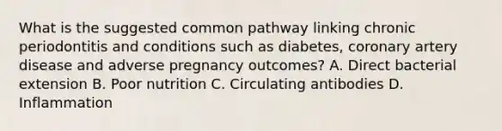 What is the suggested common pathway linking chronic periodontitis and conditions such as diabetes, coronary artery disease and adverse pregnancy outcomes? A. Direct bacterial extension B. Poor nutrition C. Circulating antibodies D. Inflammation