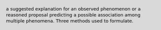 a suggested explanation for an observed phenomenon or a reasoned proposal predicting a possible association among multiple phenomena. Three methods used to formulate.