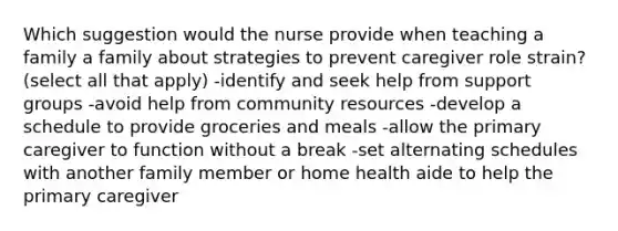 Which suggestion would the nurse provide when teaching a family a family about strategies to prevent caregiver role strain? (select all that apply) -identify and seek help from support groups -avoid help from community resources -develop a schedule to provide groceries and meals -allow the primary caregiver to function without a break -set alternating schedules with another family member or home health aide to help the primary caregiver