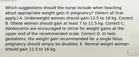 Which suggestions should the nurse include when teaching about appropriate weight gain in pregnancy? (Select all that apply.) A. Underweight women should gain 12.5 to 18 kg. Correct B. Obese women should gain at least 7 to 11.5 kg. Correct C. Adolescents are encouraged to strive for weight gains at the upper end of the recommended scale. Correct D. In twin gestations, the weight gain recommended for a single fetus pregnancy should simply be doubled. E. Normal weight women should gain 11.5 to 16 kg.