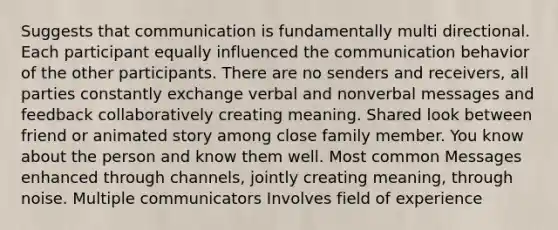 Suggests that communication is fundamentally multi directional. Each participant equally influenced the communication behavior of the other participants. There are no senders and receivers, all parties constantly exchange verbal and nonverbal messages and feedback collaboratively creating meaning. Shared look between friend or animated story among close family member. You know about the person and know them well. Most common Messages enhanced through channels, jointly creating meaning, through noise. Multiple communicators Involves field of experience