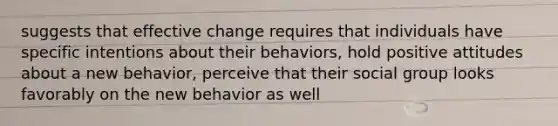 suggests that effective change requires that individuals have specific intentions about their behaviors, hold positive attitudes about a new behavior, perceive that their social group looks favorably on the new behavior as well