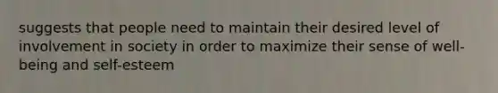 suggests that people need to maintain their desired level of involvement in society in order to maximize their sense of well-being and self-esteem
