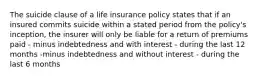 The suicide clause of a life insurance policy states that if an insured commits suicide within a stated period from the policy's inception, the insurer will only be liable for a return of premiums paid - minus indebtedness and with interest - during the last 12 months -minus indebtedness and without interest - during the last 6 months