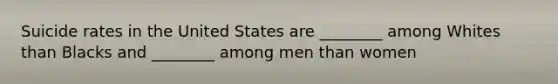 Suicide rates in the United States are ________ among Whites than Blacks and ________ among men than women