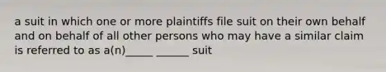 a suit in which one or more plaintiffs file suit on their own behalf and on behalf of all other persons who may have a similar claim is referred to as a(n)_____ ______ suit