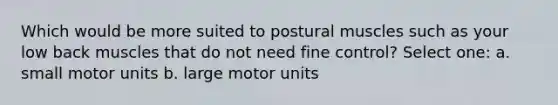 Which would be more suited to postural muscles such as your low back muscles that do not need fine control? Select one: a. small motor units b. large motor units