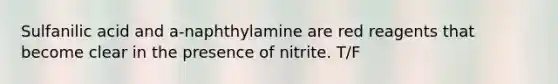 Sulfanilic acid and a-naphthylamine are red reagents that become clear in the presence of nitrite. T/F