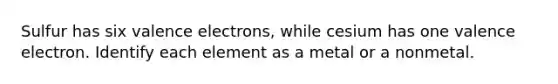 Sulfur has six valence electrons, while cesium has one valence electron. Identify each element as a metal or a nonmetal.