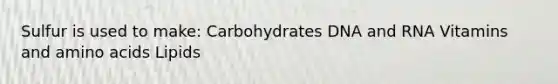 Sulfur is used to make: Carbohydrates DNA and RNA Vitamins and <a href='https://www.questionai.com/knowledge/k9gb720LCl-amino-acids' class='anchor-knowledge'>amino acids</a> Lipids