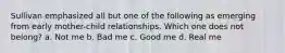 ​Sullivan emphasized all but one of the following as emerging from early mother-child relationships. Which one does not belong? a. ​Not me b. ​Bad me c. ​Good me d. ​Real me