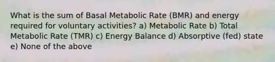 What is the sum of Basal Metabolic Rate (BMR) and energy required for voluntary activities? a) Metabolic Rate b) Total Metabolic Rate (TMR) c) Energy Balance d) Absorptive (fed) state e) None of the above