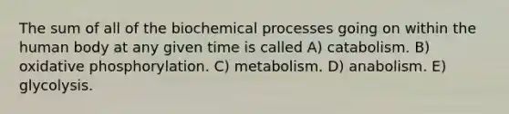 The sum of all of the biochemical processes going on within the human body at any given time is called A) catabolism. B) oxidative phosphorylation. C) metabolism. D) anabolism. E) glycolysis.