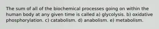 The sum of all of the biochemical processes going on within the human body at any given time is called a) glycolysis. b) <a href='https://www.questionai.com/knowledge/kFazUb9IwO-oxidative-phosphorylation' class='anchor-knowledge'>oxidative phosphorylation</a>. c) catabolism. d) anabolism. e) metabolism.