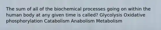 The sum of all of the biochemical processes going on within the human body at any given time is called? Glycolysis Oxidative phosphorylation Catabolism Anabolism Metabolism