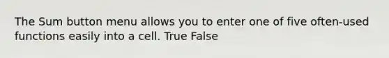 The Sum button menu allows you to enter one of five often-used functions easily into a cell. True False