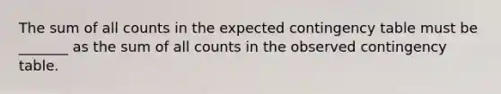 The sum of all counts in the expected contingency table must be _______ as the sum of all counts in the observed contingency table.