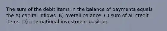 The sum of the debit items in the balance of payments equals the A) capital inflows. B) overall balance. C) sum of all credit items. D) international investment position.