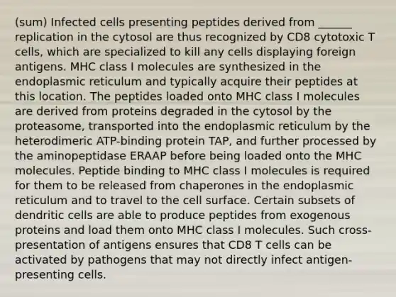 (sum) Infected cells presenting peptides derived from ______ replication in the cytosol are thus recognized by CD8 cytotoxic T cells, which are specialized to kill any cells displaying foreign antigens. MHC class I molecules are synthesized in the endoplasmic reticulum and typically acquire their peptides at this location. The peptides loaded onto MHC class I molecules are derived from proteins degraded in the cytosol by the proteasome, transported into the endoplasmic reticulum by the heterodimeric ATP-binding protein TAP, and further processed by the aminopeptidase ERAAP before being loaded onto the MHC molecules. Peptide binding to MHC class I molecules is required for them to be released from chaperones in the endoplasmic reticulum and to travel to the cell surface. Certain subsets of dendritic cells are able to produce peptides from exogenous proteins and load them onto MHC class I molecules. Such cross-presentation of antigens ensures that CD8 T cells can be activated by pathogens that may not directly infect antigen-presenting cells.