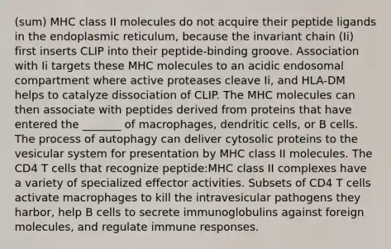 (sum) MHC class II molecules do not acquire their peptide ligands in the endoplasmic reticulum, because the invariant chain (Ii) first inserts CLIP into their peptide-binding groove. Association with Ii targets these MHC molecules to an acidic endosomal compartment where active proteases cleave Ii, and HLA-DM helps to catalyze dissociation of CLIP. The MHC molecules can then associate with peptides derived from proteins that have entered the _______ of macrophages, dendritic cells, or B cells. The process of autophagy can deliver cytosolic proteins to the vesicular system for presentation by MHC class II molecules. The CD4 T cells that recognize peptide:MHC class II complexes have a variety of specialized effector activities. Subsets of CD4 T cells activate macrophages to kill the intravesicular pathogens they harbor, help B cells to secrete immunoglobulins against foreign molecules, and regulate immune responses.