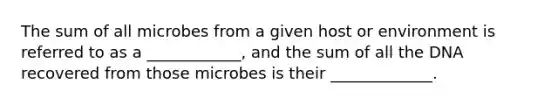 The sum of all microbes from a given host or environment is referred to as a ____________, and the sum of all the DNA recovered from those microbes is their _____________.